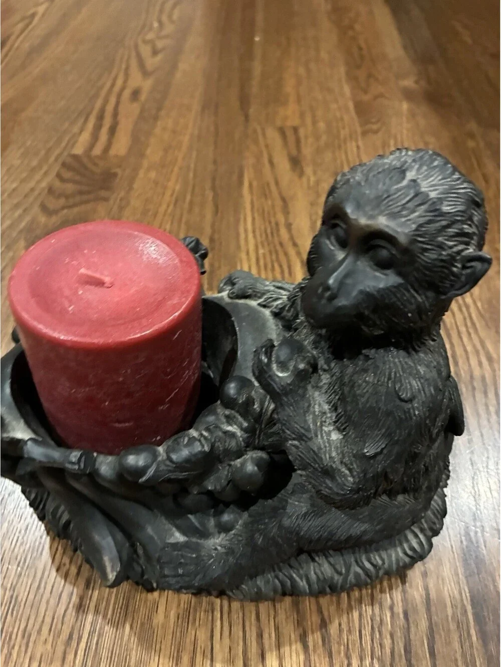 Vintage Bronze-Tone Monkey Candle Holder with Fruit Bowl Accent